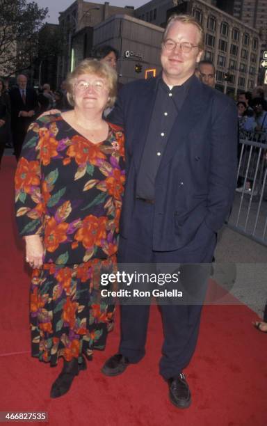 Philip Seymour Hoffman and mother Marilyn O'Connor attend the premiere party for "Boogie Nights" on June 4, 1997 at the Time-Life Building in New...