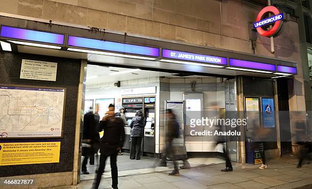 London underground sign is seen at St James's underground station in London on February 3, 2014. Members of the Rail Maritime Transport Workers Union...