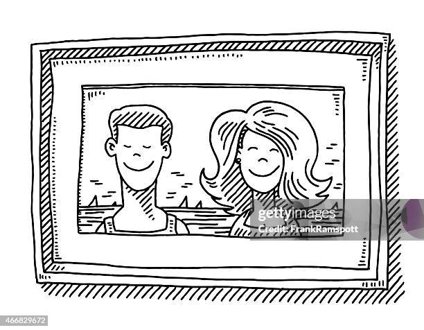 couple vacation photo in picture frame drawing - couple outdoors happy stock illustrations