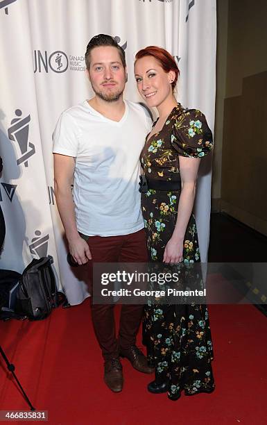 Tyler Wilkinson and Amanda Wilkinson of the Small Town Pistols attend the 2014 Juno Awards Nominee Press Conference at The Design Exchange on...