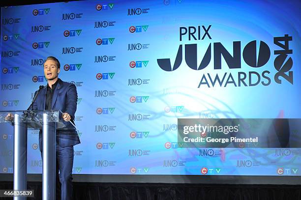 Devon Soltendieck speaks at the 2014 Juno Awards Nominee Press Conference at The Design Exchange on February 4, 2014 in Toronto, Canada.