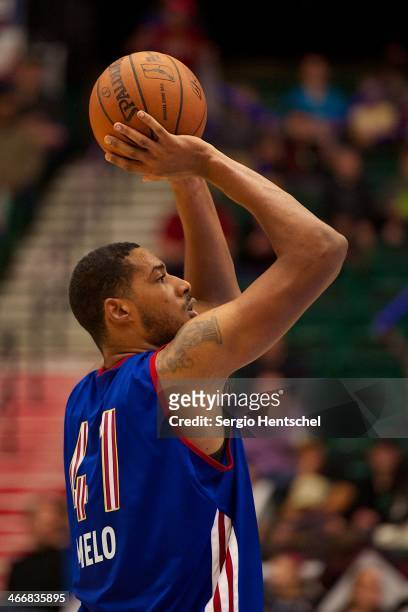 Fab Melo of the Texas Legends shoots the ball during the game against the Rio Grande Valley Vipers on February 1, 2014 at Dr. Pepper Arena in Frisco,...