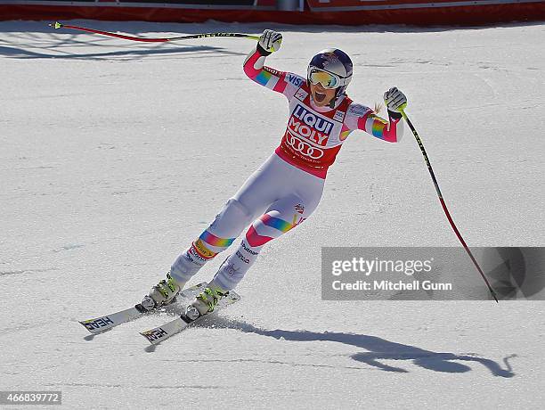 Lindsey Vonn of The USA celebrates in the finish area of the FIS Alpine Ski World Cup women's Super-G race on March 19, 2015 in Meribel, France.