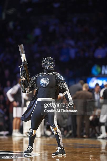 Brooklyn Nets mascot BrooklyKnight on court during game vs Toronto Raptors at Barclays Center. Brooklyn, NY 1/27/2014 CREDIT: Al Tielemans