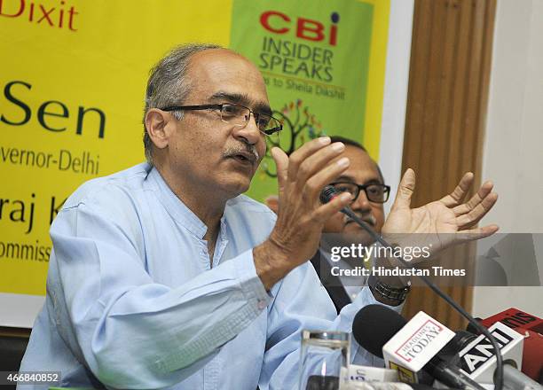 Advocate and anti-corruption crusader Prashant Bhushan, talking with people with Former Commissioner of Delhi Police Neeraj Kumar IPS, after release...