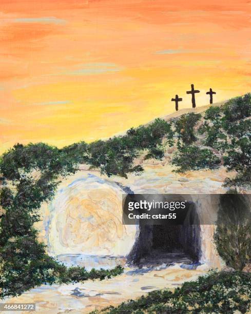 feiertage:  ostern sonnenaufgang und leere grab kunst gemälde - jesus tomb stock-grafiken, -clipart, -cartoons und -symbole