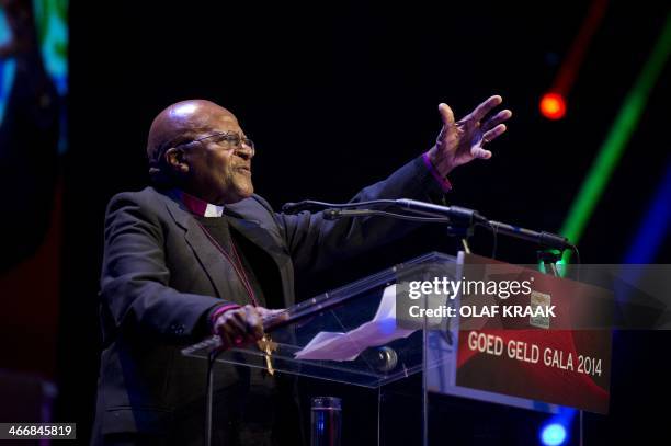 South African archbishop Desmond Tutu speaks during the Goed Geld Gala , organised by a Dutch charity lottery, in the theatre Carre in Amsterdam, on...