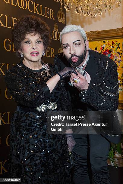 Designer Harald Gloeoeckler and Gina Lollobrigida celebrate their 20 years of friendship at the Harald Gloeoeckler Gallery on February 4, 2014 in...