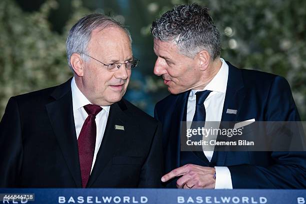 Johann Schneider-Ammann and Rene Kamm attend Baselworld 2015 on March 19, 2015 in Basel, Switzerland.