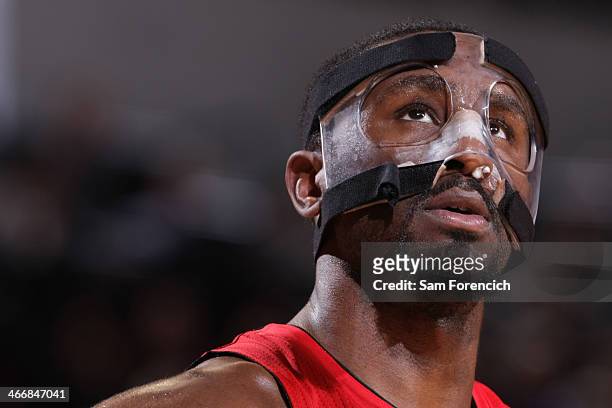 Patrick Patterson of the Toronto Raptors looks on during the game against the Portland Trail Blazers on February 1, 2014 at the Moda Center Arena in...