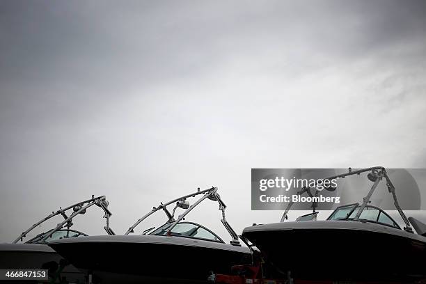 Completed Mastercraft Boat Co. Inboard speed boats sit after rolling off the assembly line at the Mastercraft factory in Vonore, Tennessee, U.S. On...