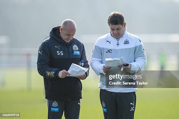 Head Coach John Carver and First Team Coach Steve Stone during a Newcastle United Training session at The Newcastle United Training Centre on March...