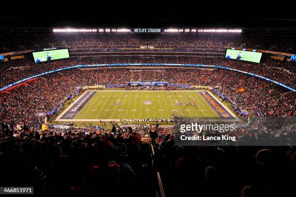 General view of MetLife Stadium during Super Bowl XLVIII between the Seattle Seahawks and the Denver Broncos on February 2, 2014 in East Rutherford,...