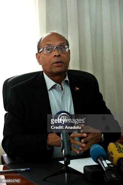 Tunisian former President Moncef Marzouki delivers a speech about the Bardo Museum attack in Tunis, Tunisia on March 19, 2015.