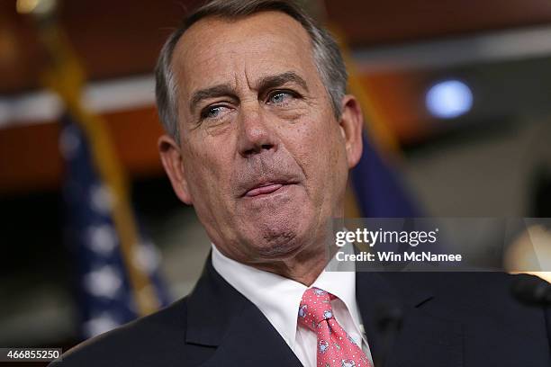 Speaker of the House John Boehner answers questions during his weekly press conference at the U.S. Capitol on March 19, 2015 in Washington, DC....