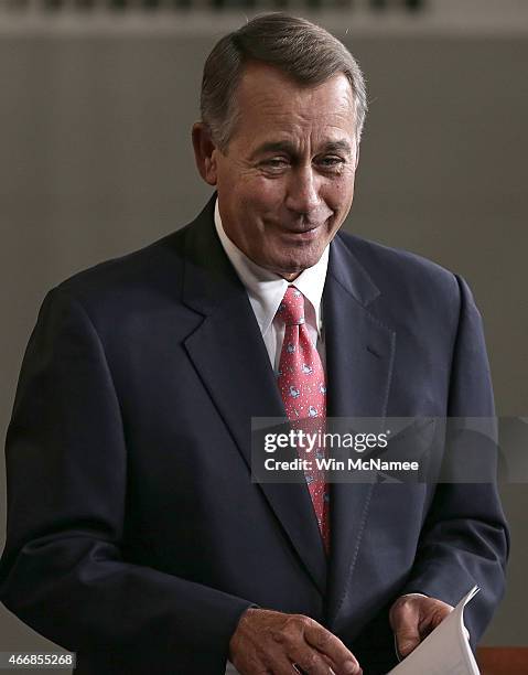 Speaker of the House John Boehner laughs as he departs his weekly press conference at the U.S. Capitol on March 19, 2015 in Washington, DC. Boehner...