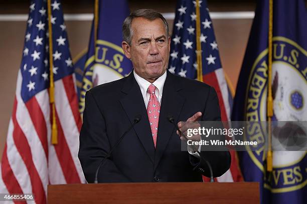 Speaker of the House John Boehner answers questions during his weekly press conference at the U.S. Capitol on March 19, 2015 in Washington, DC....