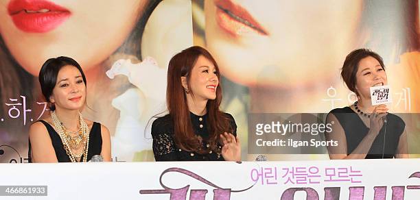 Cho Min-Soo, Uhm Jung-Hwa and Moon So-Ri attend the movie 'The Law of Pleasures' press premiere at Geondae Lotte Cinema on January 28, 2014 in Seoul,...