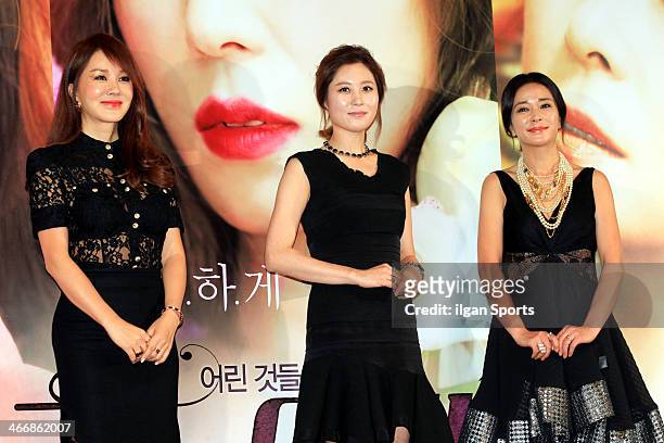 Uhm Jung-Hwa, Moon So-Ri and Cho Min-Soo attend the movie 'The Law of Pleasures' press premiere at Geondae Lotte Cinema on January 28, 2014 in Seoul,...