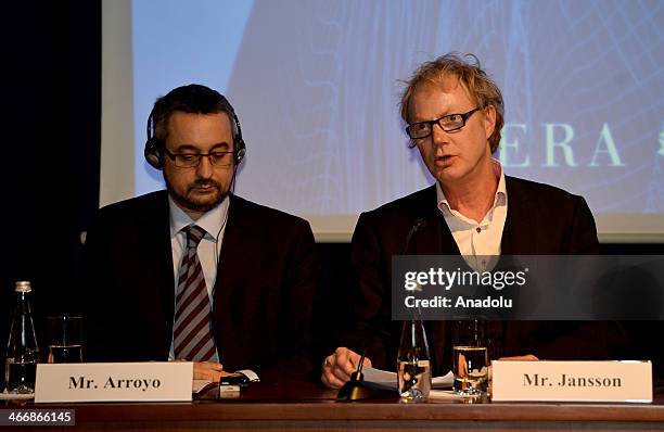 Curator Mario Virgilio Montanez Arroyo and Naas Konsthantverk board member and curator Mats Jansson attend a press conference in Istanbul, Turkey on...