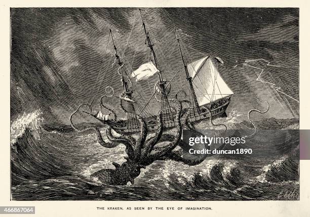 sea monster - kraken seen by the eye of imagination - vintage octopus stock illustrations