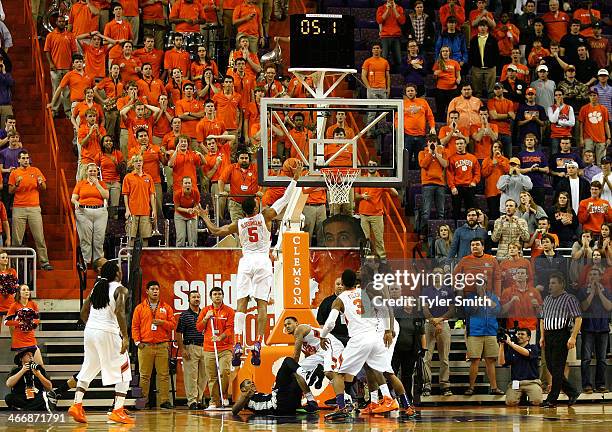 Jaron Blossomgame of the Clemson Tigers makes the final rebound to secure the win during the game against the Georgia Tech Yellow Jackets at...