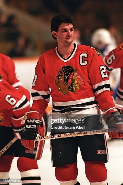 Darryl Sutter of the Chicago Black Hawks takes warmup prior to a game against the Toronto Maple Leafs at Maple Leaf Gardens in Toronto, Ontario,...