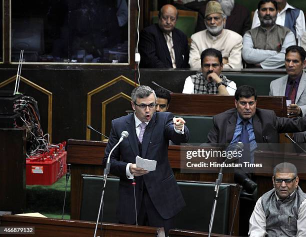 Jammu and Kashmir former chief minister and NC working president Omar Abdullah speaks in the assembly during budget session on March 19, 2015 in...