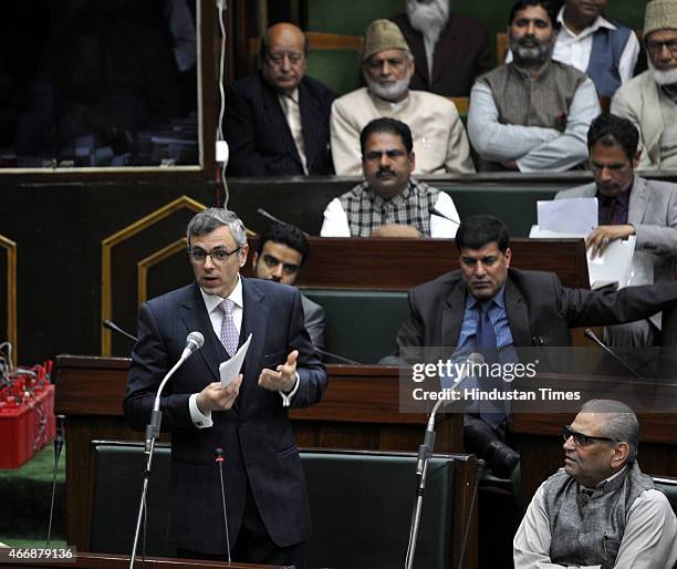 Jammu and Kashmir former chief minister and NC working president Omar Abdullah speaks in the assembly during budget session on March 19, 2015 in...