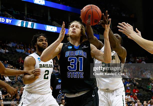 Shipes of the Georgia State Panthers is fouled by Taurean Prince of the Baylor Bears in the first half during the second round of the 2015 NCAA Men's...