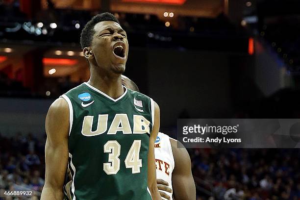 William Lee of the UAB Blazers reacts after a play against the Iowa State Cyclones during the second round of the 2015 NCAA Men's Basketball...