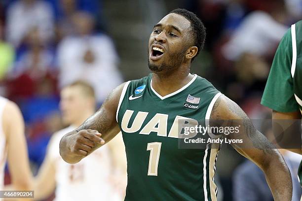 Denzell Watts of the UAB Blazers reacts against the Iowa State Cyclones during the second round of the 2015 NCAA Men's Basketball Tournamenat at the...