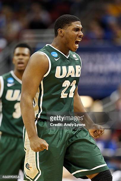 Tyler Madison of the UAB Blazers reacts against the Iowa State Cyclones during the second round of the 2015 NCAA Men's Basketball Tournamenat at the...