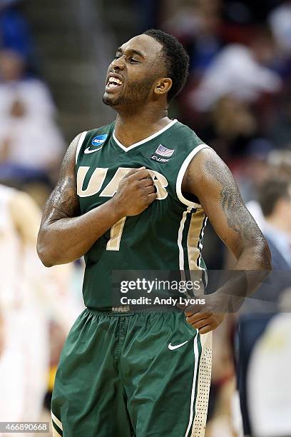 Denzell Watts of the UAB Blazers reacts against the Iowa State Cyclones during the second round of the 2015 NCAA Men's Basketball Tournamenat at the...