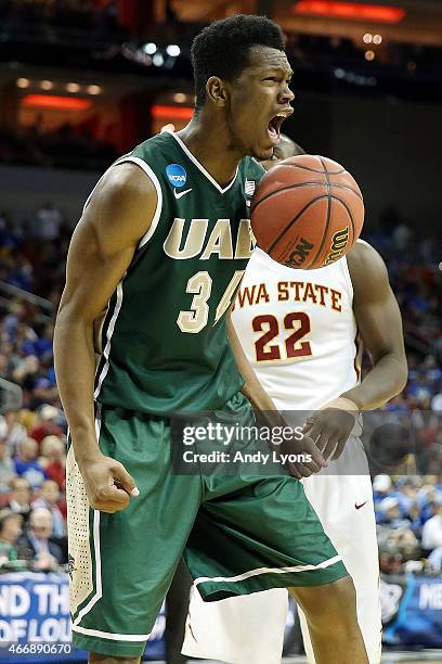 William Lee of the UAB Blazers reacts after a play against the Iowa State Cyclones during the second round of the 2015 NCAA Men's Basketball...