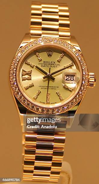 Rolex's wrist watch is on display during Baselworld 2015 watch and jewelry fair in Basel, Switzerland on March 19, 2015. The fair will be open till...