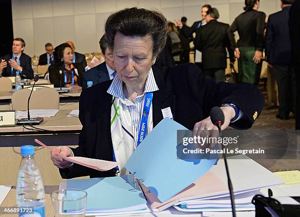 Princess Anne, Princess Royal of Great Britain attends the IOC meeting ahead of the Sochi 2014 Winter Olympics at the Radisson Blu hotel on February...