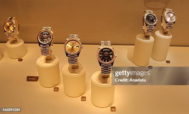 Rolex's wrist watches are on display during Baselworld 2015 watch and jewelry fair in Basel, Switzerland on March 19, 2015. The fair will be open...