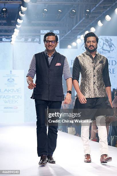 Riteish Deshmukh & Raghavendra Rathore walk the runway on day 2 as part of Lakme Fashion Week Summer/Resort 2015 at Palladium Hotel on March 19, 2015...