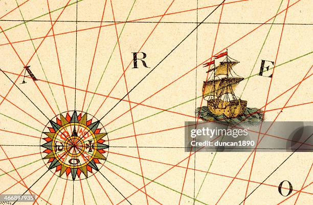 bildbanksillustrationer, clip art samt tecknat material och ikoner med old compass rose and ship - 1500 talsstil