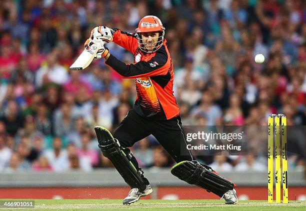 Simon Katich of the Scorchers drives during the Big Bash League semi final match between the Sydney Sixers and the Perth Scorchers at Sydney Cricket...