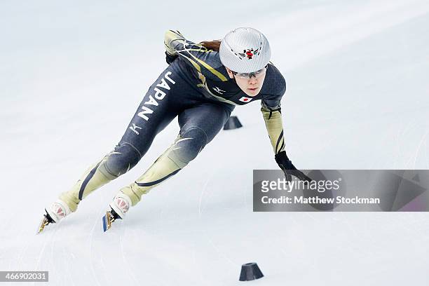Short track speed skater Sayuri Shimizu of Japan attends a practice session ahead of the Sochi 2014 Winter Olympics at the Iceberg Skating Palace on...