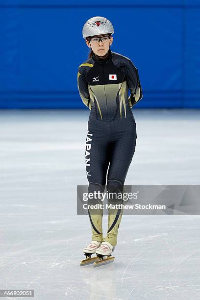 Short track speed skater Sayuri Shimizu of Japan attends a practice session ahead of the Sochi 2014 Winter Olympics at the Iceberg Skating Palace on...