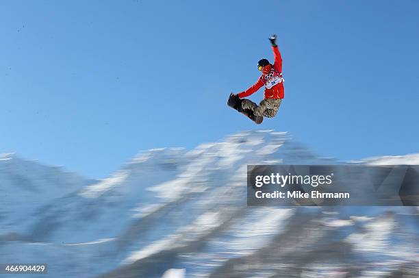 Seppe Smits of Belgium practices during training for Snowboard Slopestyle at the Extreme Park at Rosa Khutor Mountain on February 5, 2014 in Sochi,...