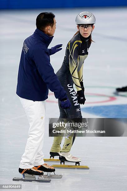 Short track speed skater Sayuri Shimizu of Japan attends a practice session ahead of the Sochi 2014 Winter Olympics at the Iceberg Skating Palace on...