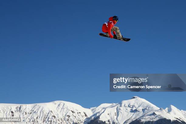 Seppe Smits of Belgium trains during Snowboard Slopestyle practice at the Extreme Park at Rosa Khutor Mountain ahead of the Sochi 2014 Winter...