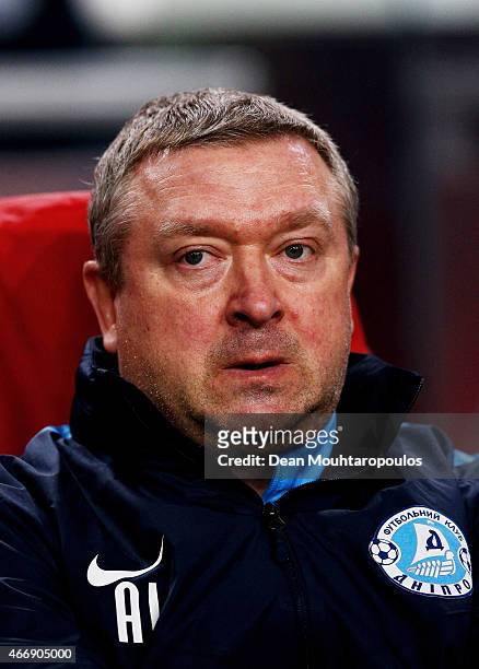 Olexandr Ivanov the assistant coach of Dnipro looks on during the UEFA Europa League Round of 16, second leg match between AFC Ajax v FC Dnipro...