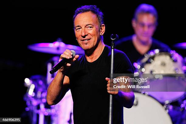 Bruce Springsteen performs at a sound check before speaking to media during a press conference at Perth Arena on February 5, 2014 in Perth,...