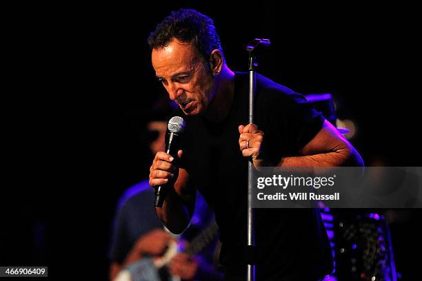 Bruce Springsteen performs at a sound check before speaking to media during a press conference at Perth Arena on February 5, 2014 in Perth,...