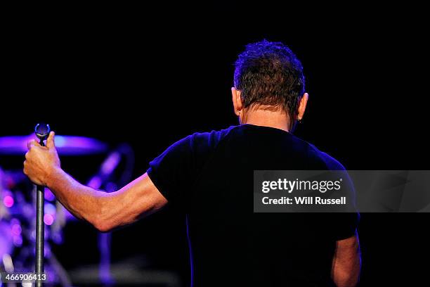 Bruce Springsteen performs at a sound check before speaking to media during a press conference at Perth Arena on February 5, 2014 in Perth,...